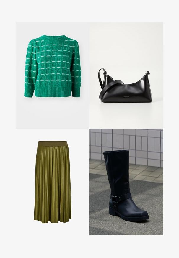 Suéter verde de punto que presenta un patrón geométrico calado, cuello y dobladillo acanalados, y mangas abullonadas. Acentos a rayas en blanco.; Falda midi plisada verde caqui con cintura elástica ancha y textura de tela suave.; Bota negra de cuero hasta la mitad de la pantorrilla con un tacón bajo de bloque y una correa decorativa con hebilla metálica alrededor del tobillo, sobre un pavimento de baldosas.; Bolso de mano de cuero negro con una textura suave. Cuenta con una correa ajustable y un diseño elegante y minimalista con cierre de cremallera.