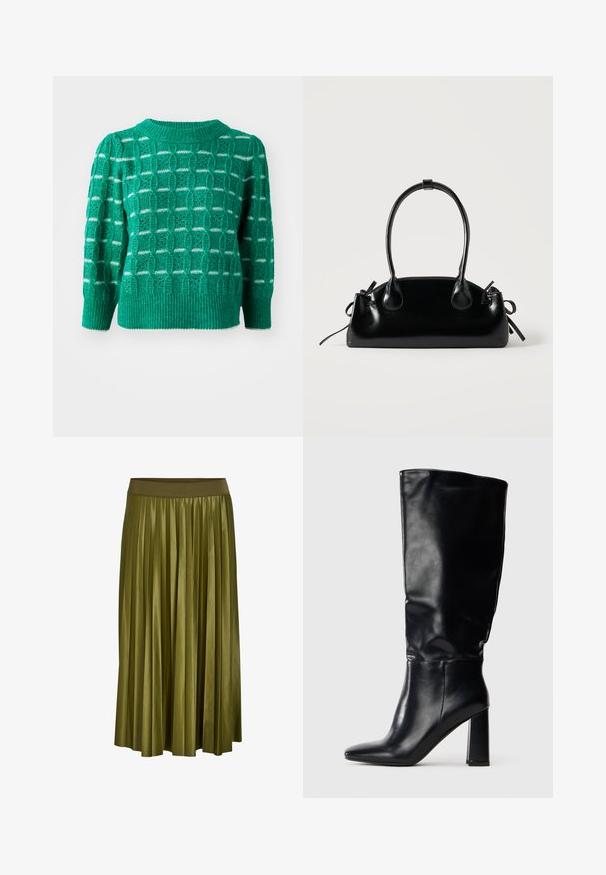 Suéter verde de punto que presenta un patrón geométrico calado, cuello y dobladillo acanalados, y mangas abullonadas. Acentos a rayas en blanco.; Falda midi plisada verde caqui con cintura elástica ancha y textura de tela suave.; Bota de cuero negra hasta la rodilla con punta afilada y tacón alto ancho, mostrada en perfil sobre fondo blanco.; Pequeño bolso negro brillante con dos asas largas y detalles de cordón lateral sobre un fondo claro liso.