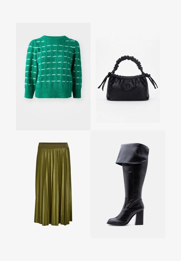 Suéter verde de punto que presenta un patrón geométrico calado, cuello y dobladillo acanalados, y mangas abullonadas. Acentos a rayas en blanco.; Falda midi plisada verde caqui con cintura elástica ancha y textura de tela suave.; Bota alta negra de cuero con tacón, puño doblado y punta redonda, de pie sobre un fondo blanco.; Bolso negro con textura de cocodrilo, borde superior fruncido, asa recogida y cordones con borlas en cada lado sobre un fondo blanco.