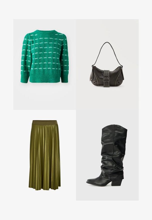 Grüner gestrickter Pullover mit einem offenen geometrischen Muster, geripptem Ausschnitt und Saum sowie Puffärmeln. Gestreifte Akzente in Weiß.; Khaki grüner plissierter Midirock mit breitem elastischem Bund und glatter Stoffstruktur.; Schwarze Lederstiefel bis zum Knie mit einem rüschigen Design, spitzem Zehenbereich und breitem Absatz, mit glatter Texture und minimaler Naht.; Schwarze Leder-Schultertasche mit Schnallengurt-Detail, abgerundeten Kanten und kontrastierenden weißen Nähten auf schlichtem Hintergrund.