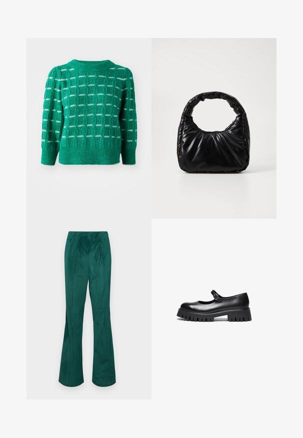 Suéter verde de punto que presenta un patrón geométrico calado, cuello y dobladillo acanalados, y mangas abullonadas. Acentos a rayas en blanco.; Pantalones acampanados de pana verde con cinturilla elástica y textura de canalé vertical. Presenta un corte recto desde la cintura hasta el dobladillo.; Zapato negro de cuero estilo Mary Jane con punta redonda, correa en el tobillo y suela de goma gruesa con detalles estriados.; Bolso negro acolchado con un asa redondeada, que presenta una superficie lisa y brillante y una textura suave y acolchada. Sin herrajes ni acentos visibles.