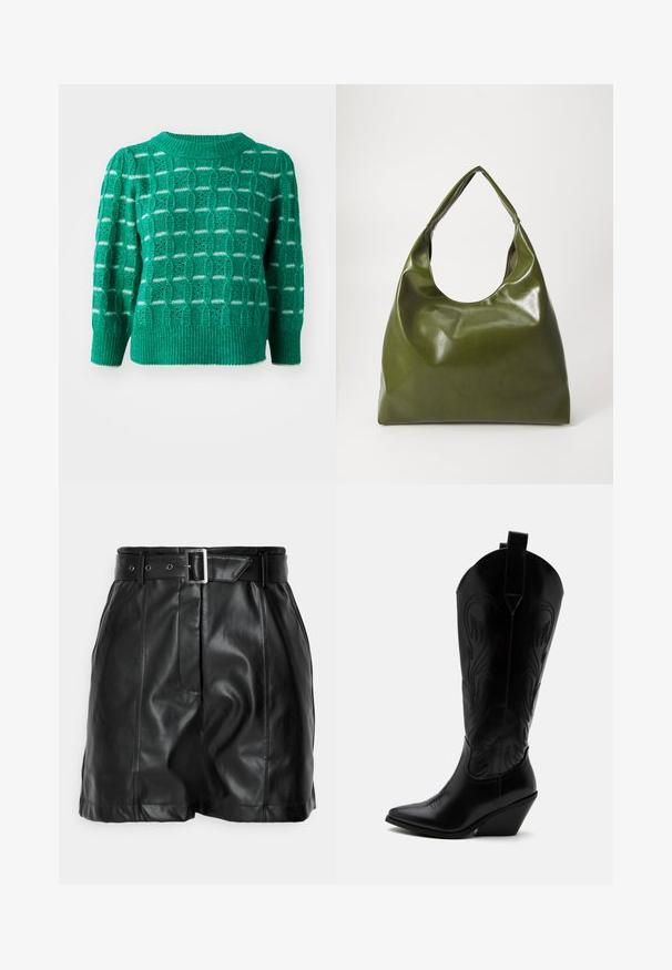Grøn strikket sweater med et åbent geometrisk mønster, ribbestrikket halsudskæring og kant, samt puffede ærmer. Stribede detaljer i hvid.; Sorte lædershorts med en glat overflade, høj talje og et bredt bælte med en rektangulær sølvspænde. Plisseret design foran.; Sort læder cowboystøvle med spidst tåparti, skråt blokhælhæl, dekorative sømme og trækstropper øverst mod hvid baggrund.; Grøn læder hobo taske med en slouchy design, buet håndtag og glat tekstur. Indeholder ingen synlig hardware eller accenter.