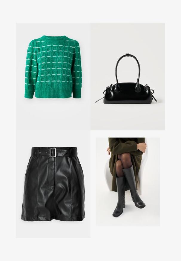 Grøn strikket sweater med et åbent geometrisk mønster, ribbestrikket halsudskæring og kant, samt puffede ærmer. Stribede detaljer i hvid.; Sorte lædershorts med en glat overflade, høj talje og et bredt bælte med en rektangulær sølvspænde. Plisseret design foran.; Knæhøje sorte læder støvler med firkantet tå og blokhæl, vist med en model siddende i en olivengrøn frakke. Glat tekstur, minimal detaljer.; Lille sort blank håndtaske med to lange håndtag og snøre-detaljer i siden på en ensfarvet lys baggrund.