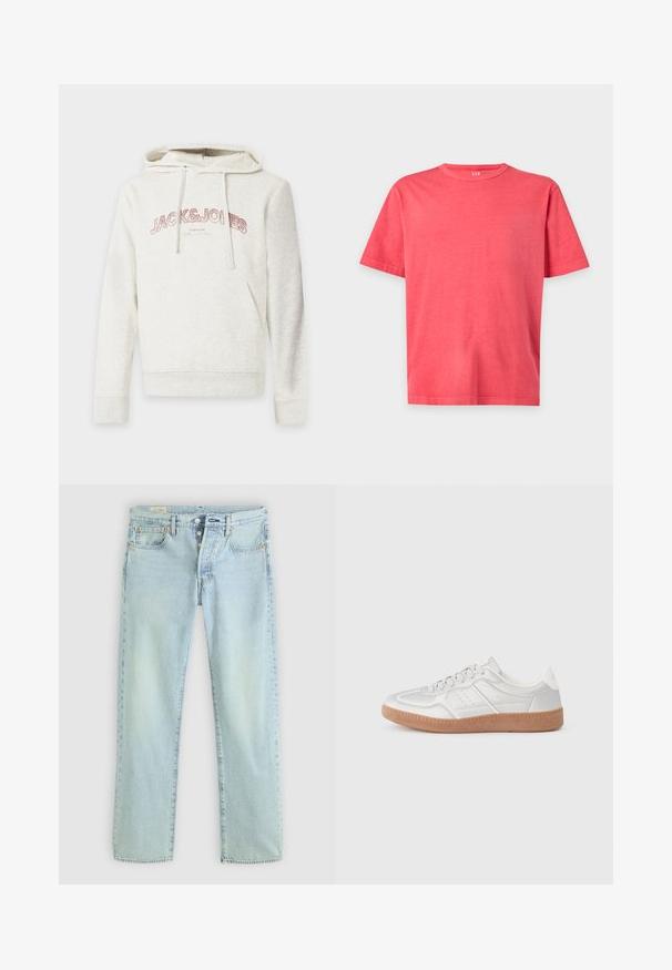 Hellbeiger Hoodie mit Fronttasche und Kordeln, mit dem Text "JACK & JONES" in Pink quer über der Brust.; Schlichtes helles korallenrosa T-Shirt mit kurzen Ärmeln und Rundhalsausschnitt in regulärer Passform auf weißem Hintergrund.; Helle blaue Denim-Jeans mit geradem Schnitt, fünf Taschen, Knopfverschluss und dezentem Verblassen. Mit Steppdetails und Kupfennieten.; Silberne Sneakers mit glatter Textur, Schnürdesign, durchbrochenen Akzenten und einer strukturierten braunen Gummisohle.