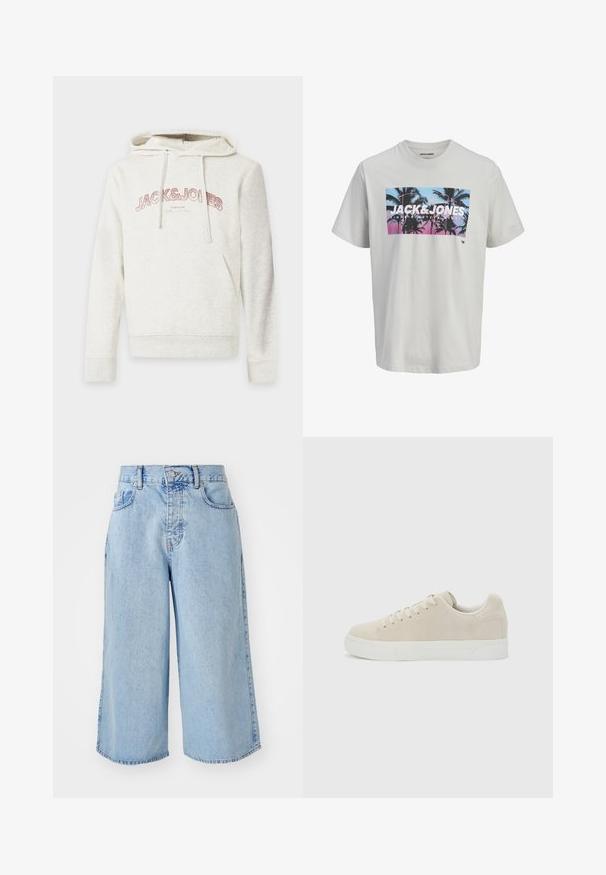 Lyse beige hættetrøje med frontlomme og snore, med "JACK & JONES" tekst i pink tværs over brystet.; Hvid kortærmet T-shirt med frontprint af palmetræer i blå og pink solnedgangsfarver, stort JACK & JONES-tekst over brystet.; Lys blå denim culotte-shorts med høj talje, fem rum og løs pasform. Har en falmet tekstur og dobbeltstikninger i kanten.; Beige lavt snøresko med snørebånd foran og tyk hvid gummisål på en ensfarvet lysegrå baggrund.