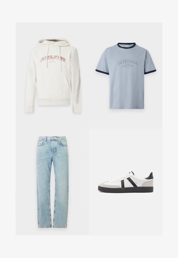 Sweat à capuche beige clair avec poche avant et cordons, avec le texte "JACK & JONES" en rose sur la poitrine.; T-shirt en coton bleu clair avec col et manches côtelés bleu marine. Présente un texte en relief "ORIGINALS" et "CONTEMPORARY AESTHETICS" dans un design subtil.; Jean en denim bleu clair avec une coupe droite, doté d'une taille classique, de cinq poches et d'un léger effet délavé sur le tissu.; Baskets blanches avec des accents noirs et gris, présentant un embout texturé gris, une semelle en caoutchouc noir et des lacets plats blancs. Design épuré, style minimaliste.