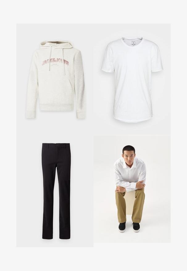 Svetlobéžová mikina s kapucňou, predným vreckom a šnúrkami, s ružovým textom "JACK & JONES" na hrudi.; Biele tričko s krátkym rukávom vyrobené z bavlny s klasickým okrúhlym výstrihom. Obsahuje mierne zakrivený lem a minimalizované švy.; Čierne nohavice vyrobené z bavlneného zmesi; majú rovný strih a predné zapínanie na gombík. Žiadne vzory ani ozdoby nie sú viditeľné.; Mladý muž v bielom pruhovanom tričku a khaki nohaviciach sedí naklonený dopredu na stoličke s prekríženými rukami, pozerá priamo pred seba na bielom pozadí.