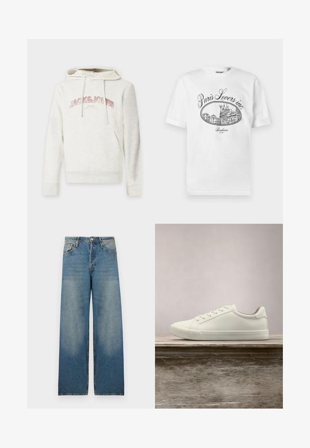 Lyse beige hættetrøje med frontlomme og snore, med "JACK & JONES" tekst i pink tværs over brystet.; Hvid bomulds-T-shirt med et sort illustrativt tryk af en pariserbybillede med teksten "Paris Lovers inc." og "Bonheur EST.1992."; Lyseblå bredbenede jeans i denimstof med høj talje, fem-lomme design og slidte områder for et vintage look.; Hvide snørresneakers svævende over en træbænk med grønne planter i baggrunden, der fremhæver skodesign og tekstur.