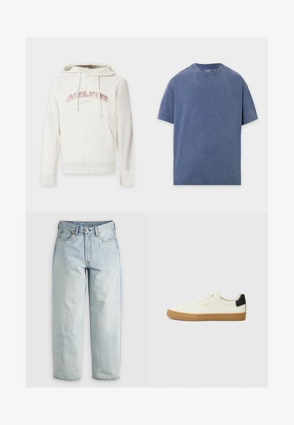 Lichtbeige hoodie met voorzak en trekkoordjes, met de tekst "JACK & JONES" in roze over de borst.; Effen blauw T-shirt met korte mouwen en een ronde hals, afgebeeld tegen een witte achtergrond, zonder zichtbare logo’s of ontwerpen.; Lichtblauwe denim jeans met een rechtBeen, vijf zakken en een knoopsluiting; heeft vervaagde gebieden en subtiele stikdetails.; Witte canvas sneaker met een gum rubberen zool, zwart accent op de hiel, ronde neus en vetersluiting. Bevat het merlogo in goud aan de zijkant.
