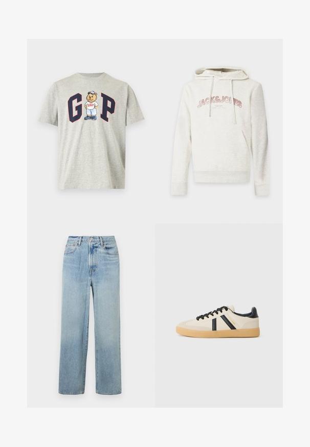 Sweat à capuche beige clair avec poche avant et cordons, avec le texte "JACK & JONES" en rose sur la poitrine.; T-shirt gris clair à manches courtes avec les lettres "G" et "P" bleu marine et rouge, avec un dessin animé d'ours portant une casquette, une chemise blanche et un short bleu au centre.; Jeans en denim bleu clair, à jambe droite et taille haute, avec cinq poches et une légère décoloration. Ourlet brut et détails de surpiqûres contrastantes.; Baskets décontractées en crème avec des rayures noires, présentant un dessus texturé et une semelle en caoutchouc. Les lacets sont noirs. Logo discret sur le côté.
