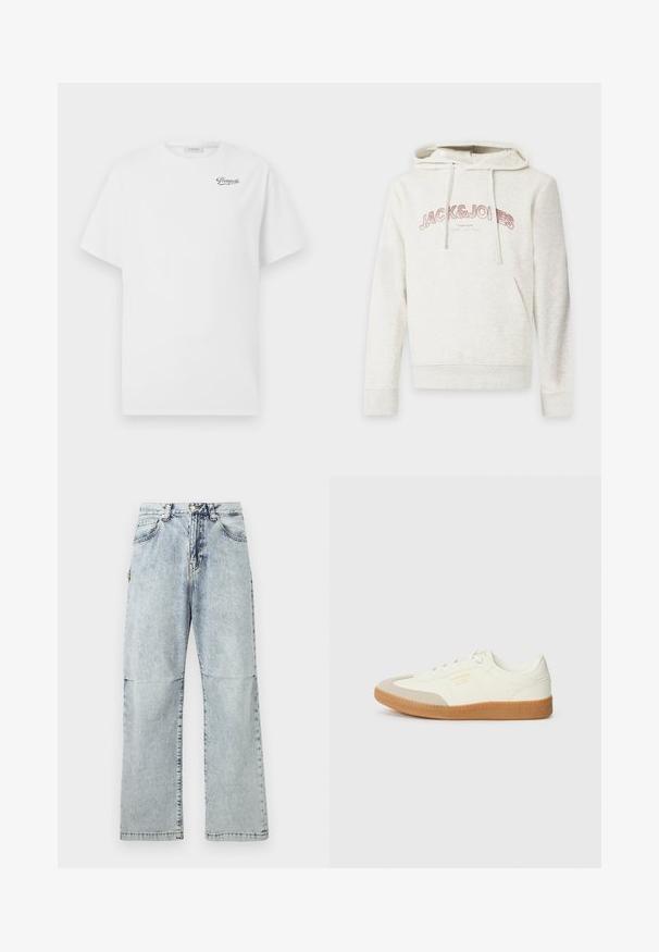 Lichtbeige hoodie met voorzak en trekkoordjes, met de tekst "JACK & JONES" in roze over de borst.; Witte katoenen t-shirt met korte mouwen en ronde hals, voorzien van een zwart "Pompeii" logo op de linkerborst. Zachte, gladde textuur.; Lichtblauwe denim broeken met een relaxte pasvorm, vervaagde textuur, vijf zakken en een knoopsluiting op de tailleband. Platte naden en wijde pijpen.; Schoen gemaakt van wit leer met een beige teenkap en een lichtbruine rubberen zool. Voorzien van platte witte veters en reliëfbranding aan de zijkant.