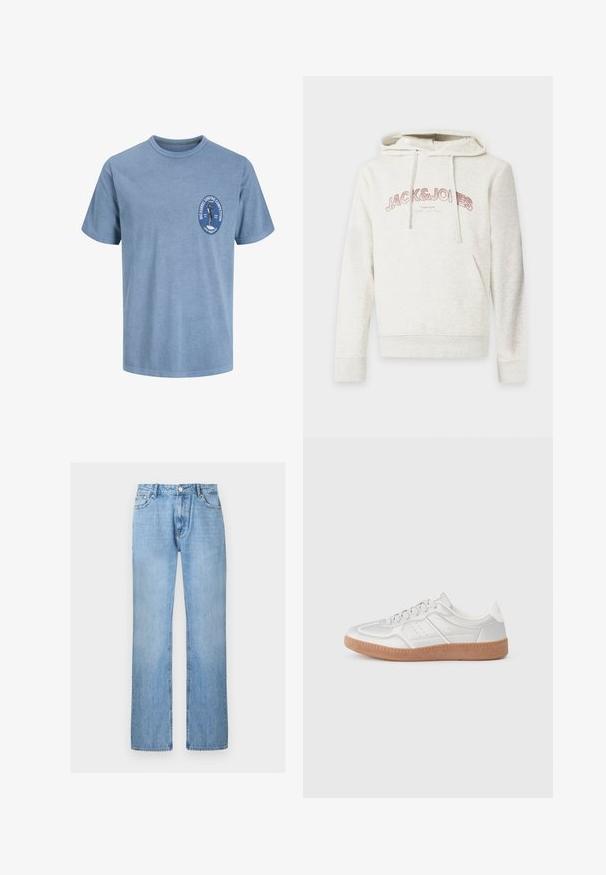 Light beige hoodie with front pocket and drawstrings, featuring "JACK & JONES" text in pink across the chest.; Light blue short-sleeve t-shirt with small chest logo showing a surfer and text reading "Big Barrel Surfing Competition, Local Members Only."; Light blue straight-leg denim jeans with front button and pockets, displayed against a plain white background.; Silver sneakers with a smooth texture, lace-up design, perforated accents, and a textured brown rubber sole.