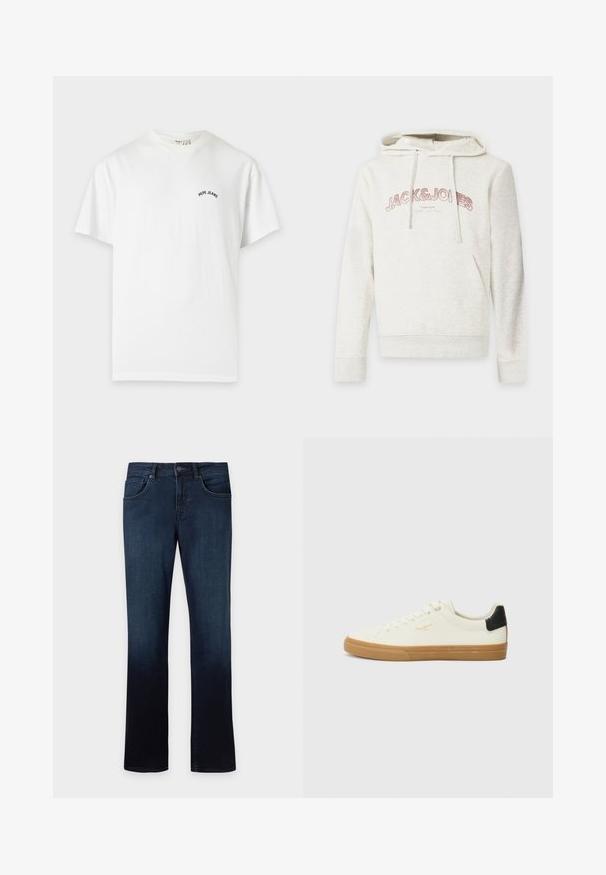 Sweat à capuche beige clair avec poche avant et cordons, avec le texte "JACK & JONES" en rose sur la poitrine.; T-shirt blanc à manches courtes col rond avec petit texte noir "Pepe Jeans" sur la poitrine gauche.; Jean en denim bleu foncé légèrement délavé, style cinq poches, fermeture bouton et zip, coupe droite.; Sneaker en toile blanche avec une semelle en gomme, accent au talon noir, bout rond et design à lacets. Présente le logo de la marque en doré sur le côté.