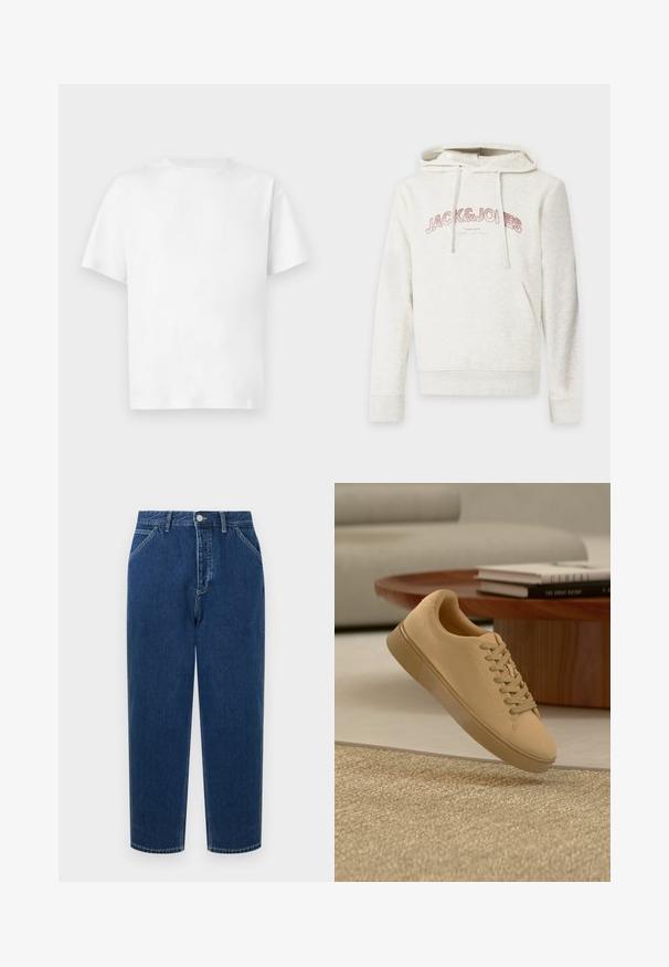 Light beige hoodie with front pocket and drawstrings, featuring "JACK & JONES" text in pink across the chest.; Plain white short-sleeve cotton t-shirt with crew neckline, displayed flat against a neutral background.; Dark blue high-waisted straight-leg denim jeans with front button and zipper, side pockets, and belt loops.; Beige lace-up sneaker floating above textured carpet with wooden coffee table and stacked books in blurred background.