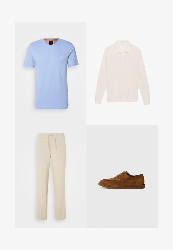 Quarter-zip pullover i lys beige, lavet af struktureret strikstof. Har en foldet krave samt ribbede manchetter og kant for et tætsiddende look.; Lys blå bomulds T-shirt med korte ærmer, rund halsudskæring og et lille præget logo-patch på brystet. Kontrastfarvet orange inderside af kraven.; Beige, elastisk taljebukser med snoretræk. Har lige ben og en glat tekstur, velegnet til afslappet brug eller afslapning.; Brun ruskindsko med rundet tå, dekorative syninger og seks kontrasterende snørehuller. Flad sål og minimalistisk design.