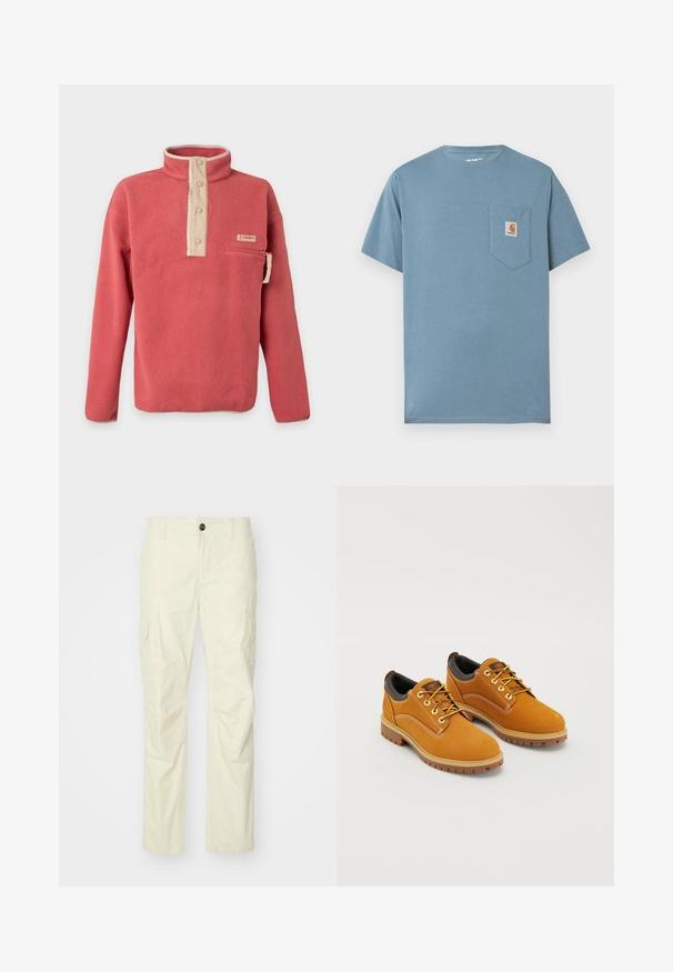 Korallenroter Fleece-Pullover mit beiger Druckknopfleiste, Reißverschluss-Brusttasche und langen Ärmeln, hergestellt von Columbia.; Hellblaues Baumwoll-T-Shirt mit Rundhalsausschnitt, kurzen Ärmeln und einer linken Brusttasche, die mit einem quadratischen Carhartt-Logo-Tag versehen ist.; Beige Cargo-Hosen aus leichtem Stoff, mit Seitentaschen, Knopfverschluss und geradem Bein. Glatte Textur mit maßgeschneiderten Nähten.; Braune Wildlederschuhe mit einer runden Zehenpartie, gelben Schnürsenkeln, einem gepolsterten schwarzen Kragen und Gummisohlen mit Rillen für besseren Halt.