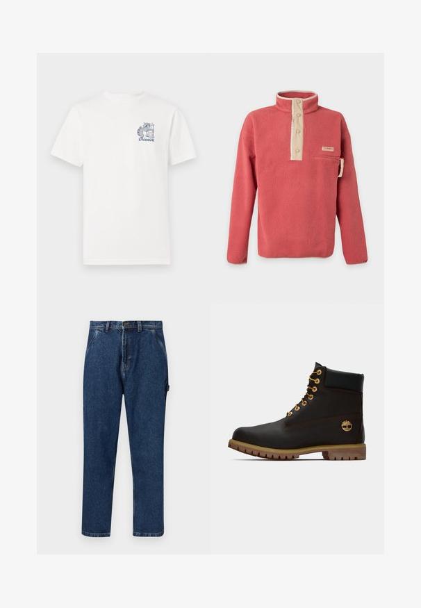 Koraalrode fleece trui met beige drukknopenbies, borstzak met rits en lange mouwen, gemaakt door Columbia.; Wit T-shirt met korte mouwen van katoen, voorzien van een blauwe graphic op de borst van een wasbeer naast een vuilnisbak en de tekst "STANCE."; Donkere blauwe denim jeans met rechte pijpen, voorzakken, riemlussen, knoopsluiting en een lusdetail aan de rechterkant.; Zwarte leren enkellaars met gouden oogjes, bruine accenten en een rubberen zool. Heeft een gevoerde kraag en geperst logo aan de zijkant.