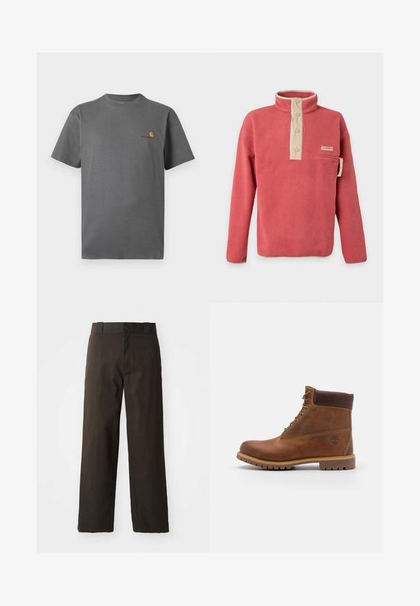 Pull polaire rouge corail avec patte de bouton-pression beige, poche poitrine zippée et manches longues, fabriqué par Columbia.; T-shirt gris à manches courtes en coton ; présente un logo subtil en orange et bordeaux sur la poitrine. Design de col rond basique.; Pantalons en coton noirs avec une coupe droite, dotés d'une fermeture à bouton et d'une taille classique. Texture lisse, sans motifs ni accents.; Botte de randonnée en cuir marron avec une finition lisse, cheville rembourrée, œillets en métal et semelle en caoutchouc dotée d'un motif de crampons robuste.