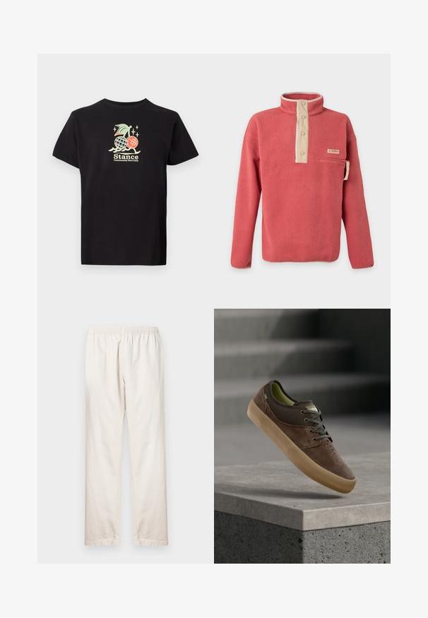 Korallyrød fleece-pullover med beige trykknap-lukning, lynlåslomme på brystet og lange ærmer, lavet af Columbia.; Sort bomulds t-shirt med et farverigt grafisk print af en ananas og kirsebær, teksten lyder "Stance Community Run Club." Korte ærmer.; Lyse beige bukser med elastisk talje, lige ben og glat bomuldsstruktur. Enkel, ubesmykket stil.; Brun ruskind og lærreds casual sneaker med tan gummisål, snørebånd og perforeret tå, placeret over en betonafdækning.