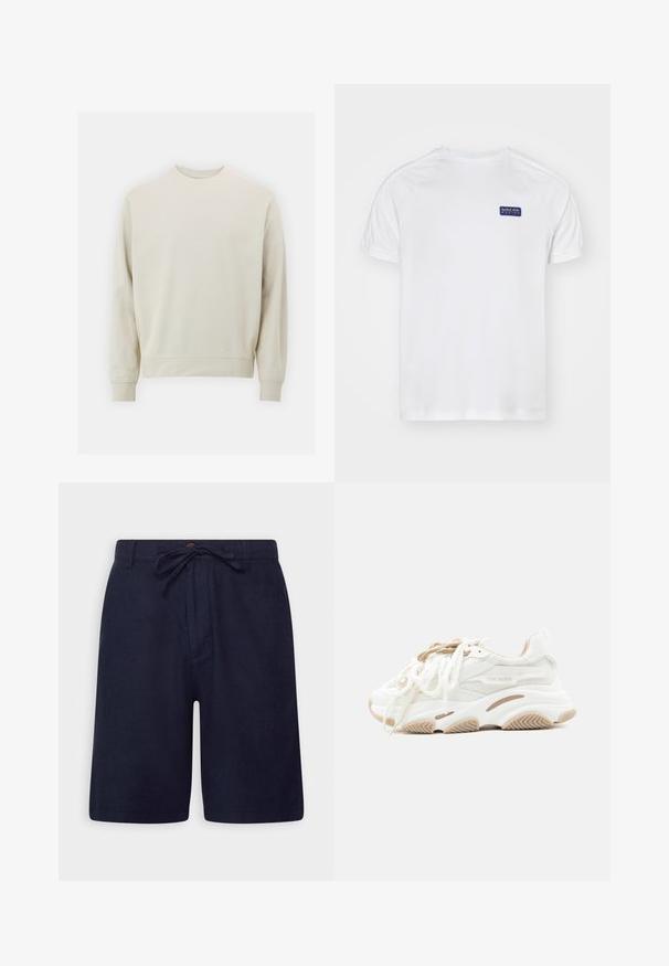 Sweatshirt beige clair en tissu doux avec un col rond, des manches longues et des poignets et un ourlet côtelés. Design minimaliste, sans motifs visibles.; T-shirt blanc à manches courtes avec des manches raglan, arborant un logo rectangulaire bleu sur la poitrine gauche et une texture subtile sur le tissu.; Shorts bleu marine en tissu léger, dotés d'une taille à cordon de serrage, d'une fermeture à bouton et de poches latérales. Texture lisse et coupe ajustée.; Baskets Steve Madden blanches et beiges avec des panneaux en maille, une semelle épaisse et des doubles lacets sur un fond clair uni.