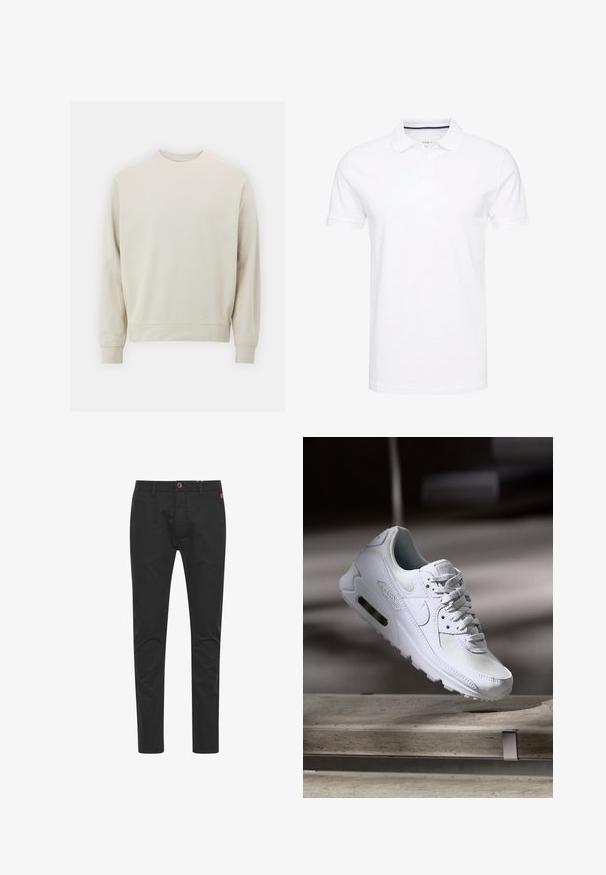 Lys beige sweatshirt lavet af blødt stof med rund hals, lange ærmer og ribbede manchetter og kant. Minimalistisk design uden synlige mønstre.; Hvid polo t-shirt lavet af bomuld, med en traditionel krave, korte ærmer og en tre-knap lukning med diskrete marineblå accenter på indersiden.; Sorte chinos med slim fit, lavet af bomuld, med en brun knaplukning, fire lommer og klassiske syning detaljer.; Hvide Nike Air Max 90 sneakers med en overdel i mesh og læder, perforeret tåboks og en synlig luftenhed i hælen.