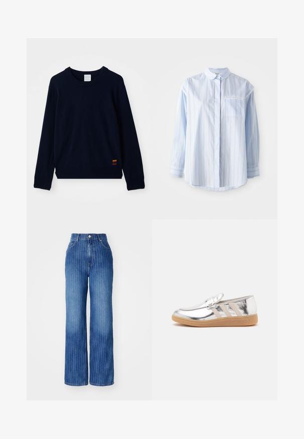 Marineblå langærmet crewneck sweater med ribbet manchetter og kant, prydet med en lille flerfarvet stribet applikation nær bunden.; Lyseblå langærmet skjorte med lodrette striber, knapkrave, enkelt brystlomme og manchetter med bånd. Fremstillet af blødt bomuldsstof.; Blå denim brede bukser med lodrette hvide striber, høj talje og fem-lomme design, med knap- og lynlåslukning.; Sølvmetallic loafer med beige striber på siden og en lysebrun gummisål, vist på en hvid baggrund.
