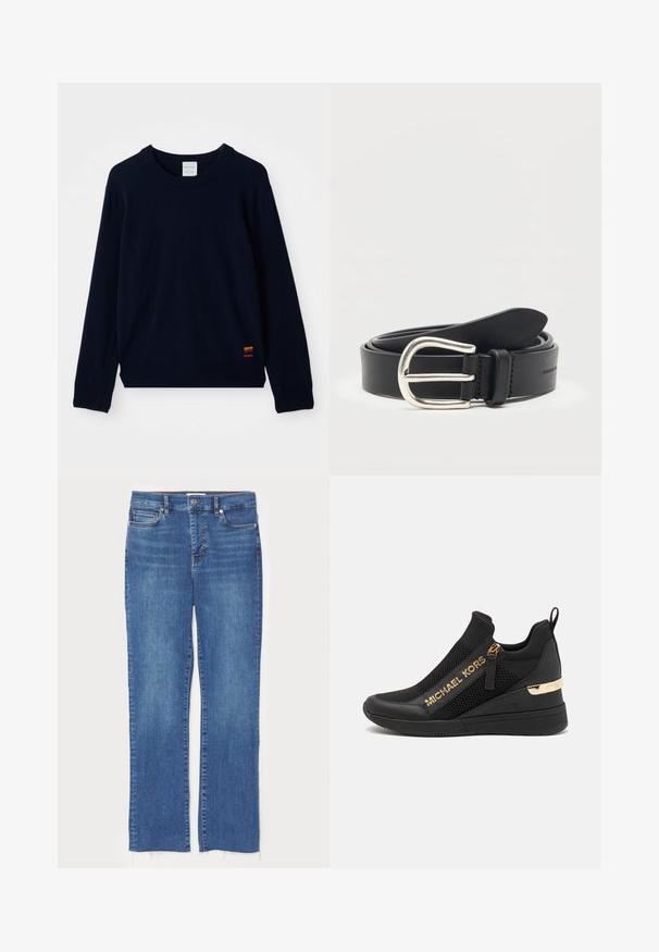 Marineblå langærmet crewneck sweater med ribbet manchetter og kant, prydet med en lille flerfarvet stribet applikation nær bunden.; Blå denim jeans med lige snit, der har knap- og lynlåslukning, fem lommer og frynsede kanter forneden.; Sorte atletiske sneakers med mesh-paneler, gulllogo-detaljer, slip-on design og en kilehæl for ekstra højde. Gummisål.; Sort læderbælte rullet med en sølv metal rundet spænde på en ens hvid baggrund.