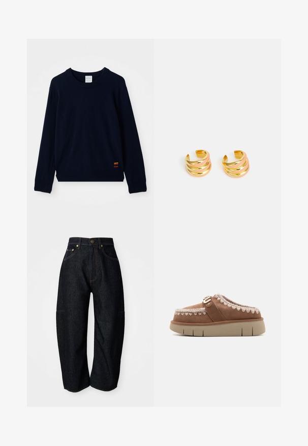 Marineblauwe langarm crewneck sweater met geribde manchetten en zoom, voorzien van een klein patch met meerkleurige strepen nabij de onderkant.; Donkerdenim jeans met een relaxte pasvorm, voorzien van subtiele oranje stiksels, voorzakken en een platte tailleband met een knoopsluiting.; Bruine leren instapper met een beige rubberen zool, contrasterend gevlochten detail op de bovenkant en een decoratieve gesp-accent.; MISHO SUME - Oorbellen - gold-coloured/salmon pink