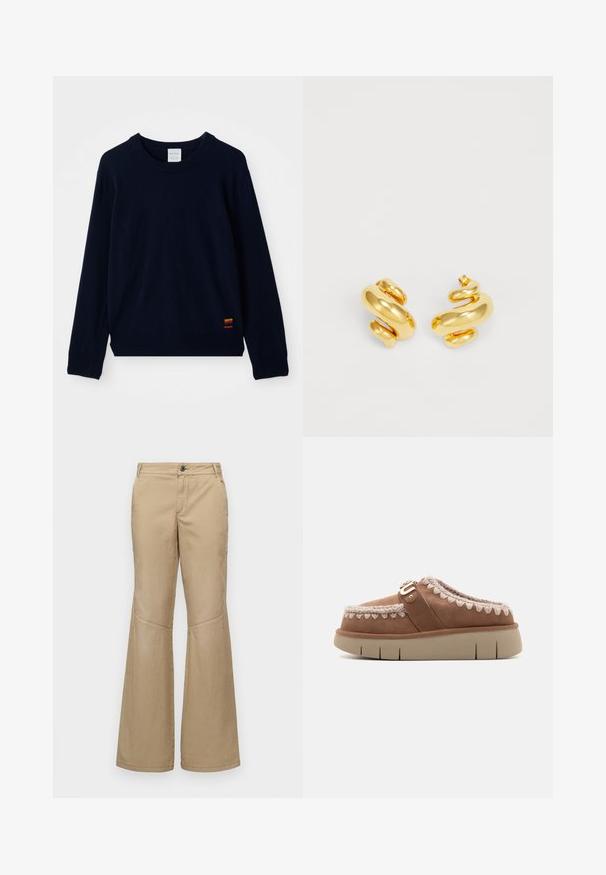 Marineblaues langärmliges Rundhals-Sweatshirt mit gerippten Bündchen und Saum, das an der Unterseite einem kleinen, mehrfarbig gestreiften Aufnäher hat.; Beige weite Hosen mit Knopfverschluss, Front- und Seitentaschen sowie Stichdetails, aus einem leichten, strukturierten Stoff gefertigt.; Braune Wildlederschlupfschuhe mit einer beigen Gummisohle, kontrastierenden geflochtenen Details an der Oberseite und einer dekorativen Schnallenelement.; Goldene Spiral-Ohrringe mit einer glatten, polierten Oberfläche, die ein kurviges Design und eine dicke, klobige Form für einen auffälligen Look aufweisen.