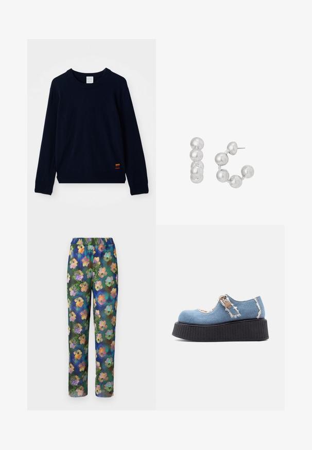 Marineblå langærmet crewneck sweater med ribbet manchetter og kant, prydet med en lille flerfarvet stribet applikation nær bunden.; Blomsterprintbukser med ribbet tekstur, elastisk talje og en grøn-blå baggrund med farverige blomstermønstre overalt.; Blå denim plateau Mary Jane-sko med frynset kant og beige spænde på en tyk sort sål.; Sølvfarvede sferiske perle-øreringe med fem sammenkoblede perler, der danner en halvcirkel, og med stifter bagpå til lukning.