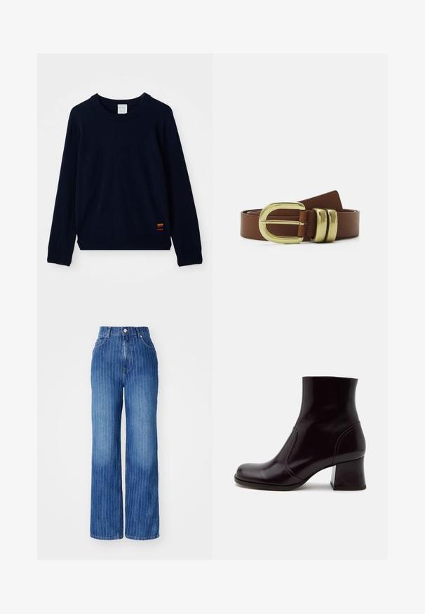 Marineblå langærmet crewneck sweater med ribbet manchetter og kant, prydet med en lille flerfarvet stribet applikation nær bunden.; Blå denim brede bukser med lodrette hvide striber, høj talje og fem-lomme design, med knap- og lynlåslukning.; Blank mørkebrun ankelstøvle med blokhæl, rund tå og glat læderfinish, vist i sideprofil på hvid baggrund.; Brun læderbælte med en guldtonet, dobbelt-prong spænde og to dekorative bånd. Glat tekstur, enkelt design.
