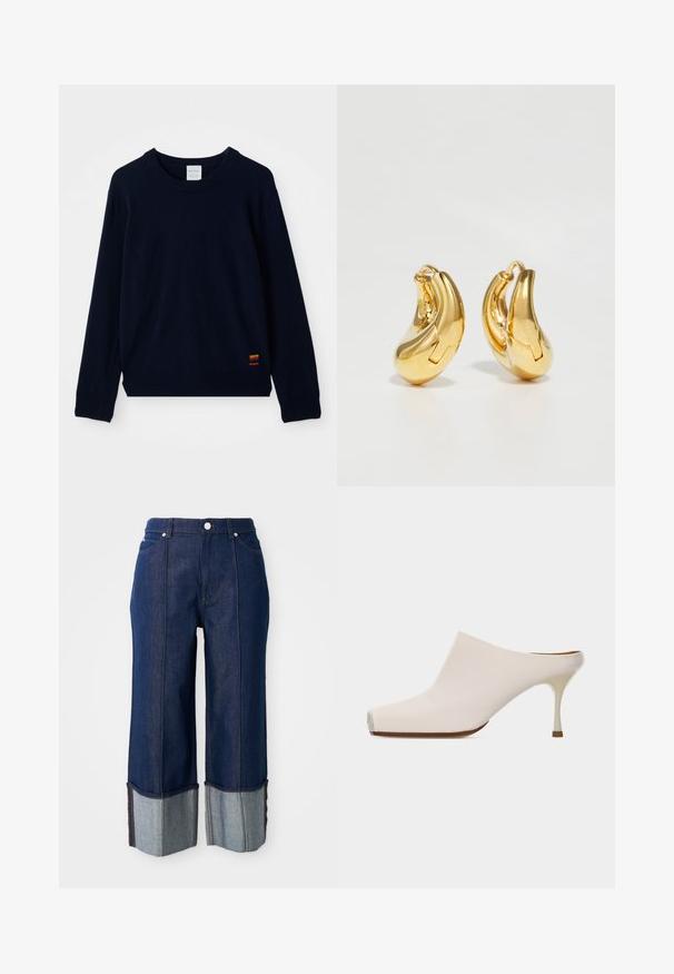 Marineblauwe langarm crewneck sweater met geribde manchetten en zoom, voorzien van een klein patch met meerkleurige strepen nabij de onderkant.; Donkerblauwe wijde jeans met opgerolde pijpen die lichter denim tonen, met een knoop aan de voorkant en zakken, op een witte achtergrond.; Crèmekleurige muilezel met puntige neus en slanke, middelhoog hakje, vanuit de zijkant weergegeven tegen een effen lichte achtergrond.; Gouden oorringen met een gladde, gebogen vorm en gepolijste afwerking. Bevat een sluitmechanisme en lichte inkepingen voor detail.