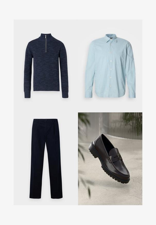 Marineblauer gestrickter Pullover mit hohem Kragen und halbem Reißverschluss. Texturierter Stoff mit einem dezenten Muster; gerippte Bündchen und Saum.; Helles blau karierter Langarmshirt mit Button-Down-Kragen, Brusttasche und weißen Knöpfen. Hergestellt aus einem glatten Stoff.; Marineblaue Hose aus strukturiertem Stoff, mit flachem Vorderteil, zwei Falten und einem Knopfverschluss, in gerader Beinform.; Braune Leder-Loafers mit einer strukturierten, geriffelten Gummisohle. Sie zeichnen sich durch ein schlankes Design und einen dekorativen Riemen über dem Spann aus.