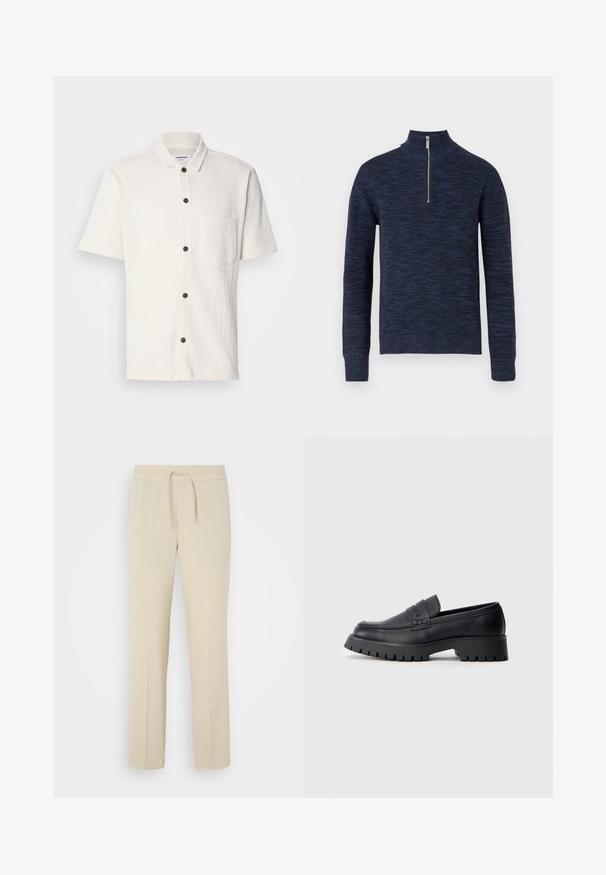 Marineblå strikket pullover med høj krave og halv lynlås. Struktureret stof med et subtilt mønster; ribbede manchetter og forneden.; Hvid skjorte med korte ærmer og struktureret design, frontknapper i mørkebrun og en enkelt brystlomme.; Beige, elastisk taljebukser med snoretræk. Har lige ben og en glat tekstur, velegnet til afslappet brug eller afslapning.; Sorte læder loafers med en rund tå, prydet med en dekorativ rem og en kraftig gummisål med dybe riller for grip.