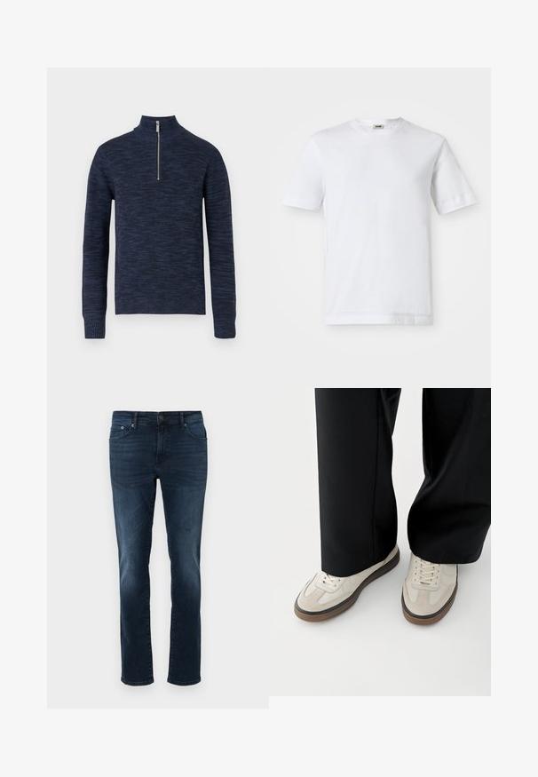 Marineblauwe gebreide trui met een hoge kraag en een halve rits. Textuurstof met een subtiel patroon; ribgebreide boorden en zoom.; Witte katoenen t-shirt met korte mouwen, ronde hals en een soepele textuur. Geen patronen of accenten zichtbaar.; Donkerblauwe denim jeans met een rechte snit, middelhoge taille, vijf zakken en stikdetails. Glad oppervlak met licht vervaagde accenten.; Voeten met beige sneakers met bruine zolen en zwarte wijde broekspijpen op een witte achtergrond.
