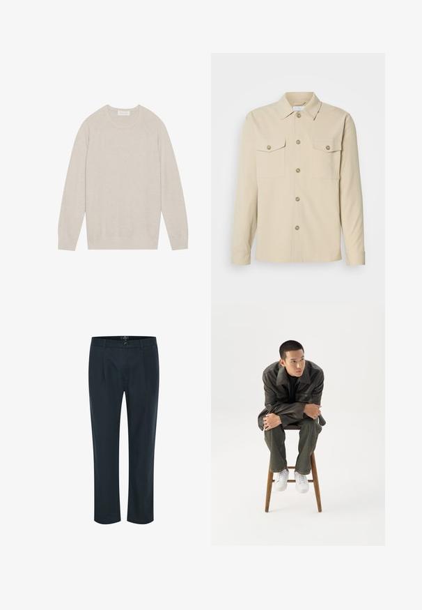 Lys beige pullover sweater, strikket tekstur, ribbede manchetter og kant, klassisk rund hals, raglanærmer, ensfarvet design uden mønstre.; Beige skjorte med knapper lavet af glat stof, har to brystlommer, en klassisk krave og fem frontknapper. Lange ærmer med manchetter, der kan lukkes med knap.; Mørkeblå bukser med lige snit, knaplukning, frontfolder og to sidelommer; lavet af et glat, let materiale.; Ung mand i mørk læderjakke og jeans sidder på en træskammel, læner sig fremad med armene krydset og kigger til siden mod hvid baggrund.