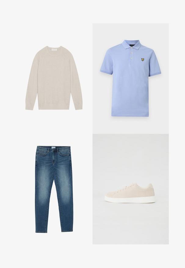 Pull en beige clair, texture tricotée, poignets et ourlet côtelés, col rond classique, manches raglan, design uni sans motifs.; Polo à manches courtes bleu clair avec une patte à trois boutons et un petit logo d'oiseau jaune sur la poitrine gauche.; Jean en denim bleu moyen avec un délavage léger, design à cinq poches, coupe droite et accents cousus. Fermeture par bouton et zip.; Baskets en daim beige avec semelles en caoutchouc blanc, bout rond et six œillets pour les lacets. Texture lisse avec un design minimaliste.