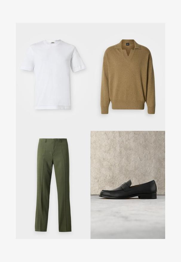 Suéter marrón de punto, de gran tamaño, con escote en V y puños acanalados. Confeccionado con una tela suave de acabado texturizado y un ajuste relajado.; Camiseta de algodón blanca con mangas cortas, escote redondo y una textura suave. No se observan patrones ni detalles.; Pantalones ajustados de color verde oliva con una textura suave, corte recto y pliegue frontal, diseñados para ocasiones formales o semi-formales.; Zapato mocasín de cuero negro flotando sobre una alfombra beige con una mesa redonda marrón brillante al fondo.