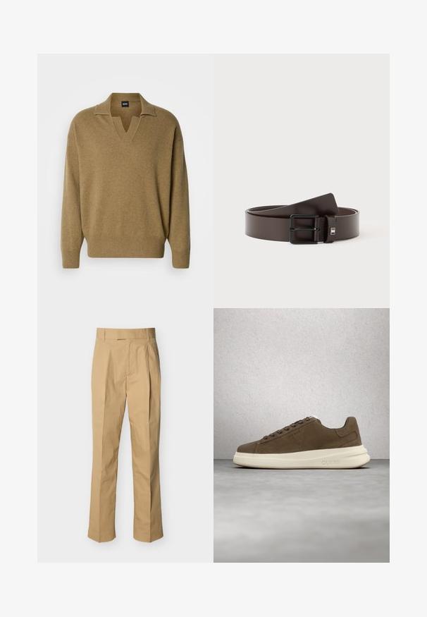 Brun, oversized strikket sweater med V-udskæring og ribstrikkede manchetter. Lavet af blødt stof med en tekstureret overflade og en løs pasform.; Beige bukser lavet af glat bomuld med høj talje, der har folder foran og lige ben. Ingen synlige metaldele eller mønstre.; Brune ruskinds sneakers med en cremet gummisål, flade snørebånd og et logo på siden. Letvægtsdesign og glat tekstur.; Mørkebrun læderbælte med sort, rektangulært metalspænde, snoet på hvid baggrund.