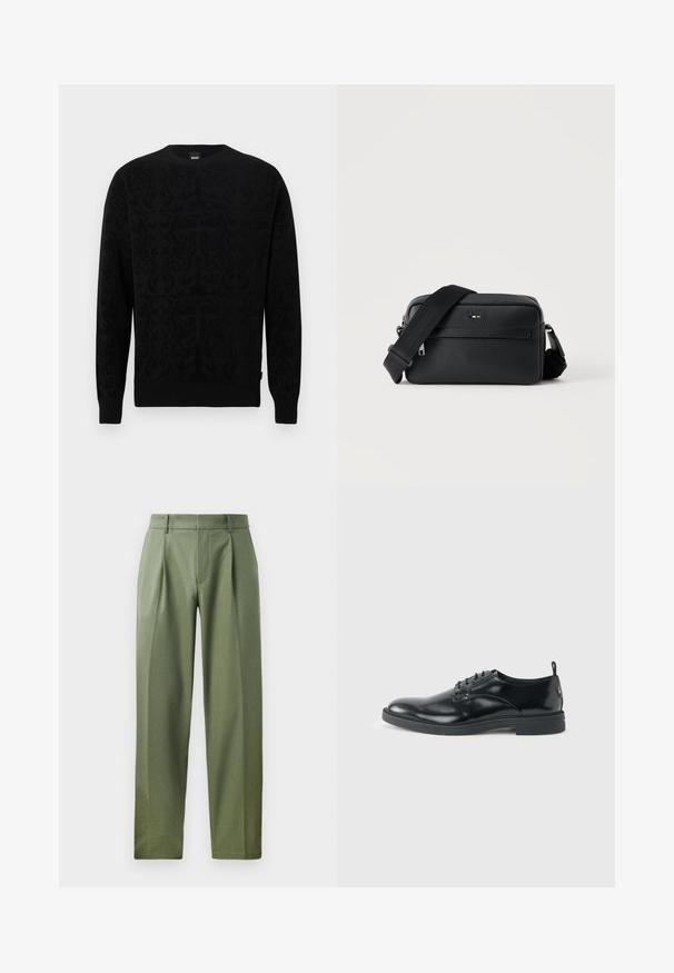 Jersey negro con un sutil patrón en relieve, cuello redondo, puños y dobladillo acanalados, confeccionado con tela suave para comodidad y calidez.; Pantalones a medida en tejido verde olivo con una textura suave, que cuentan con dos pliegues frontales, trabillas para el cinturón y un diseño de pierna recta.; Zapato de vestir negro de cuero brillante con tacón bajo, cierre de cordones y puntera redonda, mostrado de lado sobre un fondo claro y liso.; Bolso bandolera negro de cuero texturizado con bolsillo frontal con cremallera y correa de hombro ancha de tela ajustable sobre fondo blanco.