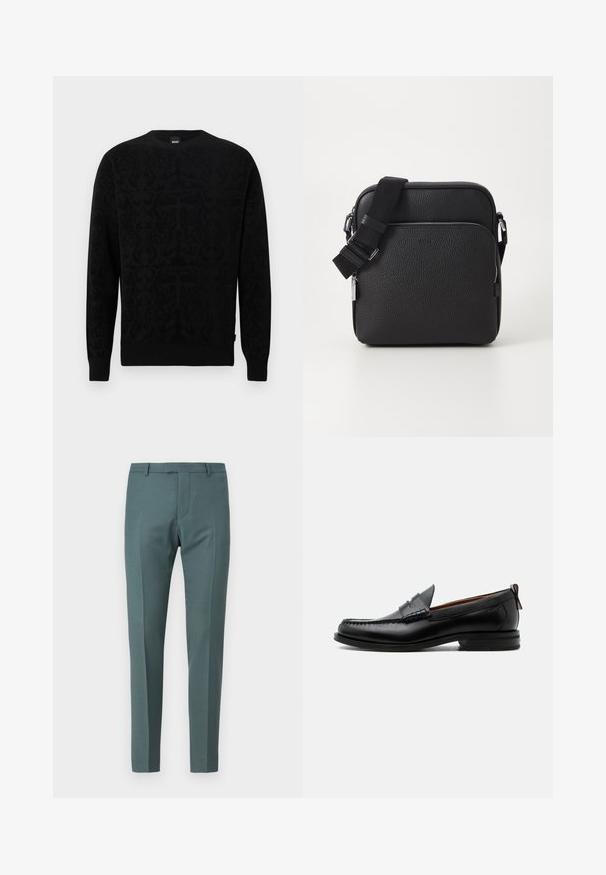 Pull noir avec un motif en relief subtil, col rond, poignets et ourlet côtelés, confectionné dans un tissu doux pour le confort et la chaleur.; Pantalons ajustés de couleur bleu canard, avec une texture lisse, une coupe droite, une taille plate et des poches latérales.; Mocassin homme en cuir noir avec couture moc toe, bride penny, col texturé et petit talon empilé sur fond blanc.; Sac bandoulière en cuir noir avec une surface texturée, doté d'une poche zippée à l'avant, d'une bandoulière ajustable et d'accents en métal.
