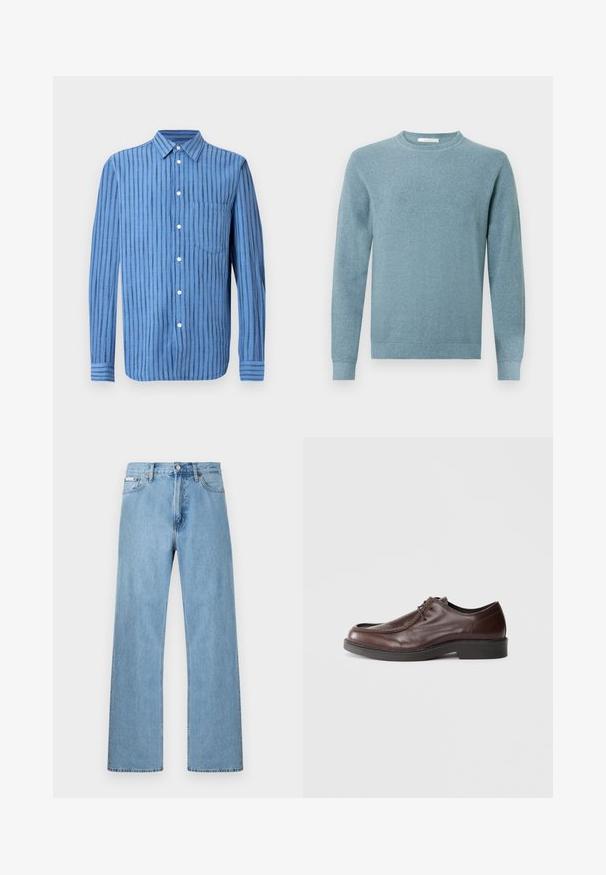 Pull bleu clair texturé avec un col rond et des manches longues. Les poignets et l'ourlet côtelés ajoutent une touche subtile au design.; Chemise bleue à manches longues avec boutons, rayures noires verticales et une poche poitrine avant, présentée sur un fond blanc.; Jean en denim bleu clair coupe droite à cinq poches avec fermeture à boutons à la taille, présenté sur un fond uni.; Chaussure habillée en cuir marron avec un bout arrondi, des accents de couture minimum, et une semelle noire robuste. Présente un système de laçage et une texture lisse.