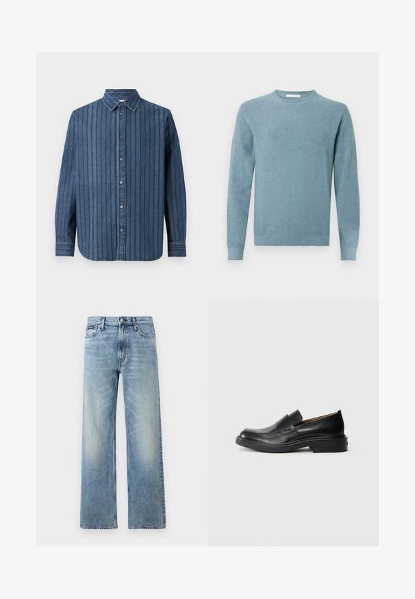 Pull bleu clair texturé avec un col rond et des manches longues. Les poignets et l'ourlet côtelés ajoutent une touche subtile au design.; Samsøe Samsøe SADAMON SHIRT - Chemise - denim; Jean droit en denim bleu clair avec taille haute, cinq poches, fermeture à boutons et léger délavage sur les cuisses et les genoux.; Chaussure habillée noire en cuir, à enfiler, avec un petit talon et un logo Calvin Klein discret sur le côté, présentée de profil sur un fond blanc.