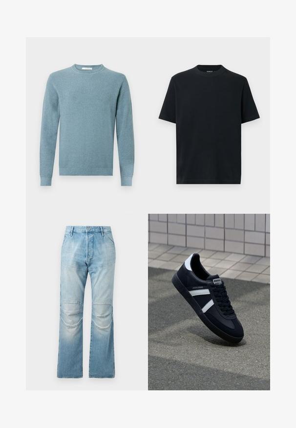 Lichtblauwe gebreide trui met een ronde hals en lange mouwen. Geribbelde manchetten en zoom voegen subtiele details toe aan het ontwerp.; Zwart T-shirt met korte mouwen en een ronde hals, gemaakt van zacht katoen. Eenvoudig ontwerp zonder patronen of versieringen.; Lichtblauwe, hooggewaisted jeans met een rechte snit, voorzien van kniestukken en een vervaagde textuur. Metalen knoopsluiting bij de taille.; Zwarte leren sneaker met witte strepen, een gestructureerde rubberen zool en vetersluiting aan de voorkant. Voorzien van een merklabel op de tong.