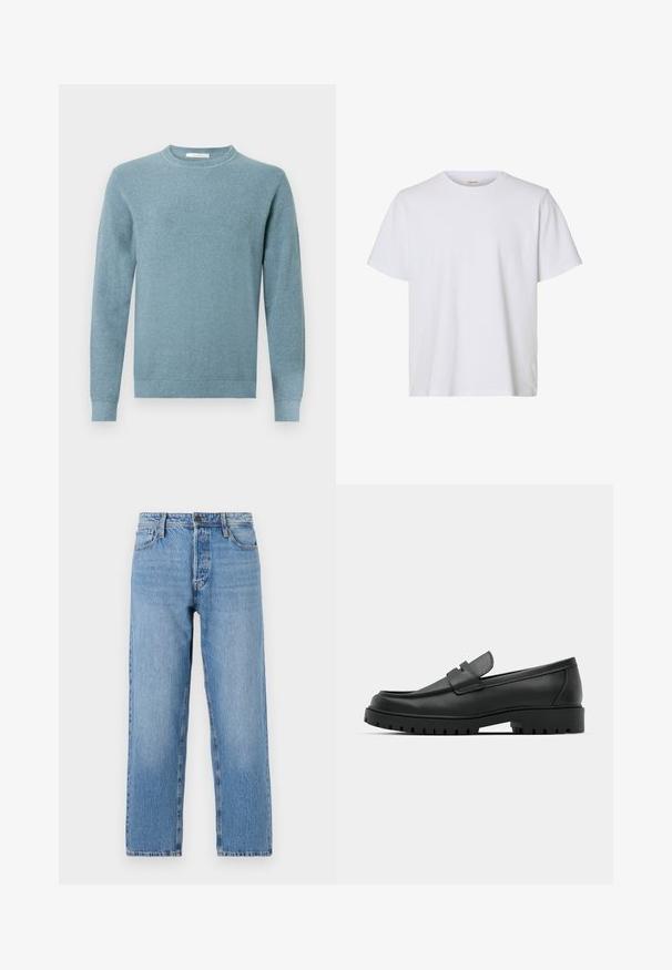 Lichtblauwe gebreide trui met een ronde hals en lange mouwen. Geribbelde manchetten en zoom voegen subtiele details toe aan het ontwerp.; Effen wit T-shirt met korte mouwen en ronde hals, met een regular fit en een gladde stoftextuur, weergegeven op een witte achtergrond.; Lichtblauwe denim jeans met een recht beenontwerp, voorzien van een knoop- en ritsluiting, vijf zakken en subtiele vervaging.; Zwarte leren instappers met een ronde neus, voorzien van een gestikt ontwerp, een lage platformzool en een gestructureerde, grof rubberen buitenzool.