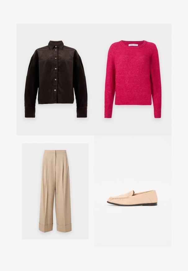 Fuchsia sweater lavet af blødt, tekstureret stof med rund halsudskæring og ribstrikkede ærmekanter og bund, med en afslappet pasform og ensfarvet design.; Brun fløjlsskjorte med krave, frontknapper og lange ærmer. Har et struktureret stof og en let oversized pasform.; Beige bukser med vide ben og høj talje, med forreste plisseringer og brede manchetter ved kanten, vist på en hvid baggrund.; Beige læder loafers med syet detaljer, en flad sort sål og en rund tå. Minimalistisk design uden fremtrædende hardware eller accenter.