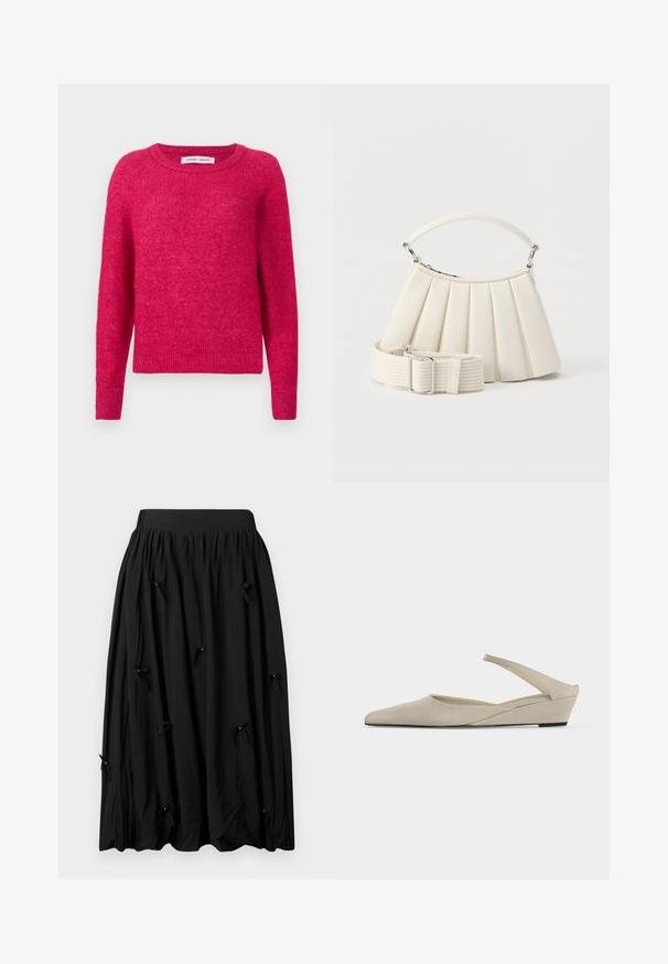 Fuchsia sweater lavet af blødt, tekstureret stof med rund halsudskæring og ribstrikkede ærmekanter og bund, med en afslappet pasform og ensfarvet design.; Sort nederdel lavet af blødt stof, med en samlede talje, knælangt design og små sløjfer med perler med mellemrum.; Beige lav kilehæl slingback sko med spids tå og glat mat finish, vist i sideprofil på hvid baggrund.; Hvid plisseret håndtaske med kort håndtag og en bred aftagelig tekstureret skulderrem med sølvspænde.