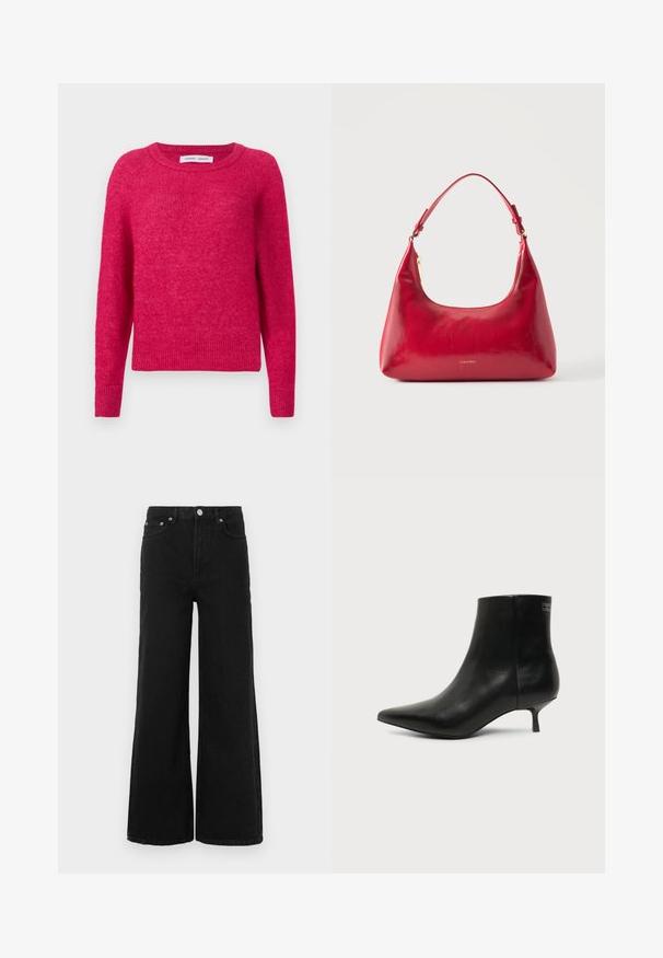 Pull fuchsia en tissu doux et texturé avec encolure ronde et poignets et ourlet côtelés, comportant une coupe décontractée et une couleur unie.; Jean noir à jambes larges en denim ; doté d'une taille haute, de poches avant et d'une fermeture par bouton. Aucun motif ni ornement visible.; Bottine en cuir noir avec bout pointu et petit talon kitten sur fond clair, vue côté extérieur.; Sac à épaule en cuir rouge avec fermeture éclair dorée et sangle réglable, logo Calvin Klein centré à l'avant.