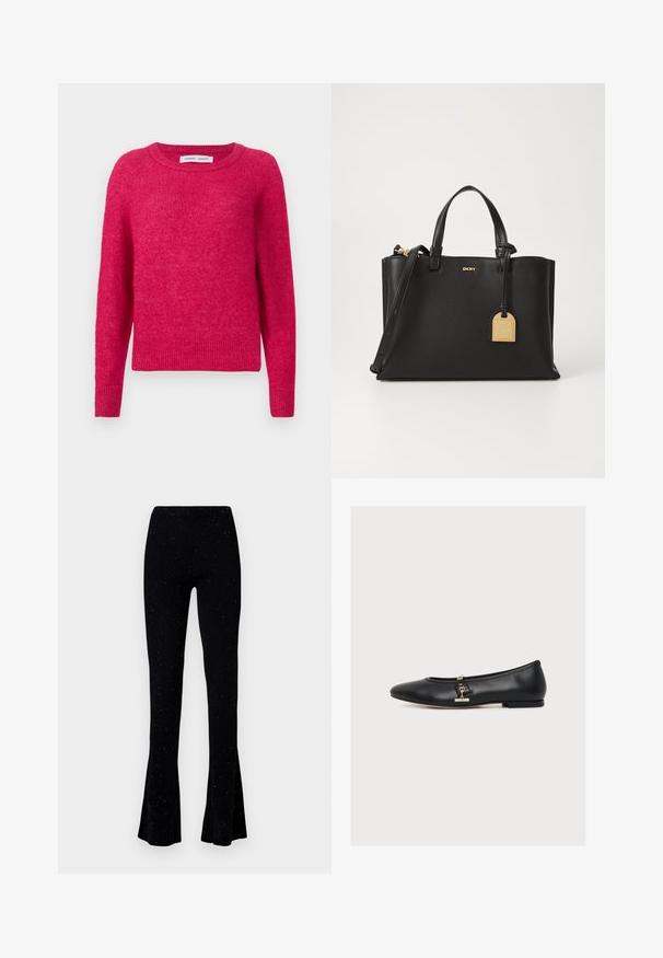 Fuchsia sweater lavet af blødt, tekstureret stof med rund halsudskæring og ribstrikkede ærmekanter og bund, med en afslappet pasform og ensfarvet design.; Sorte ribbede flared bukser med en tekstureret overflade og små glitrende prikker, designet til en tætsiddende silhuet.; Sort læderballerina med en lille guldbeslået detalje på siden, lav hæl og afrundet tå, vist i profil på hvid baggrund.; Sorte læderhåndtaske med struktureret design, top hanke, justerbar skulderrem og guldhardware detaljer, herunder navneskilt.