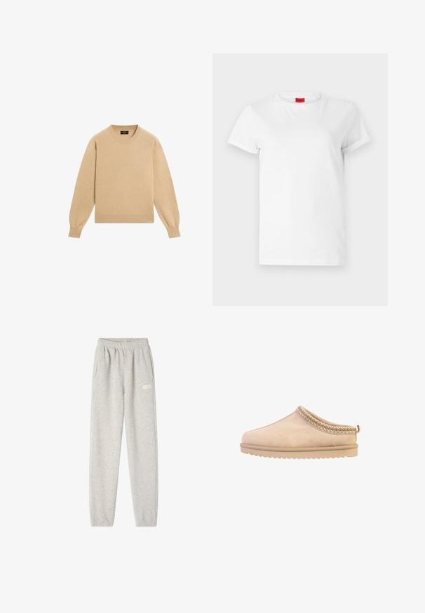 Beige langærmet crewneck-sweater lagt fladt, ribbede manchetter, krave og kant, ensfarvet design uden synlige mønstre eller logoer.; Hvid kortærmet t-shirt lavet af letvægts bomuld. Har en rund halsudskæring og rullede ærmer. Rød logoetiket på kraven.; Grå sweatpants lavet af blød bomuldsblanding, med elastisk talje, sidelommer og et lille logo på venstre lår.; Beige slip-on tøfler med zigzag-sømme, gummisål og træksnor ved hælen, vist i profil mod hvid baggrund.
